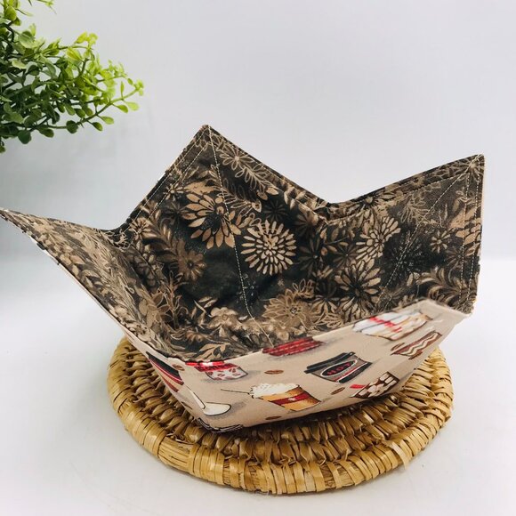 Microwave Soup Bowl Cozy, Coffee and Floral Print, Reversible - Picture 2 of 4